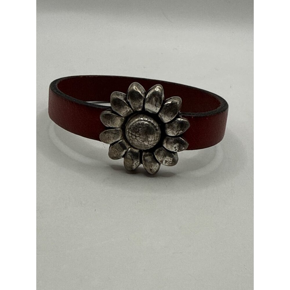 Leather Sunflower Magnetic Clasp Bracelet Brown Silver Boho